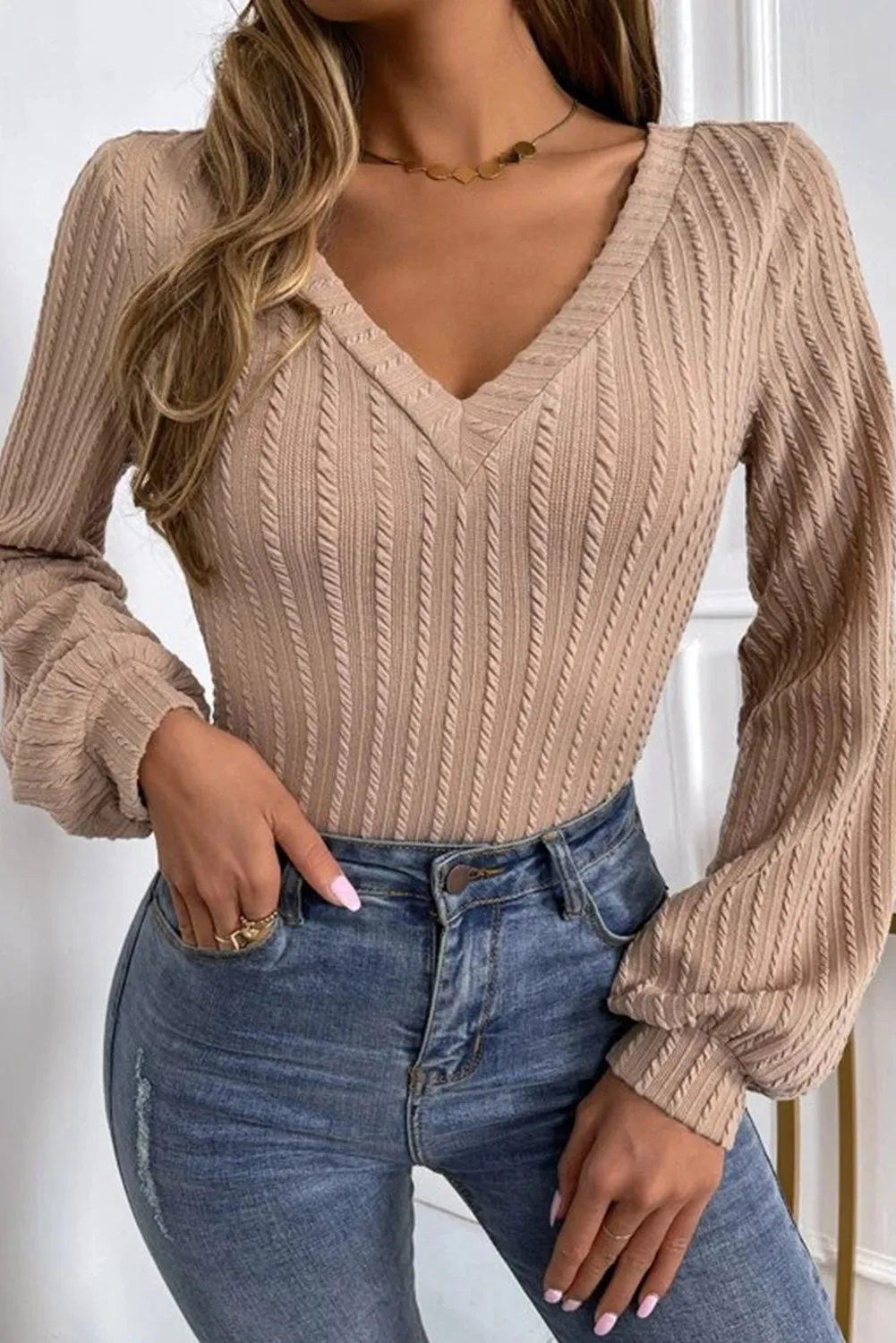 Khaki Solid Lantern Sleeve V Neck Tee