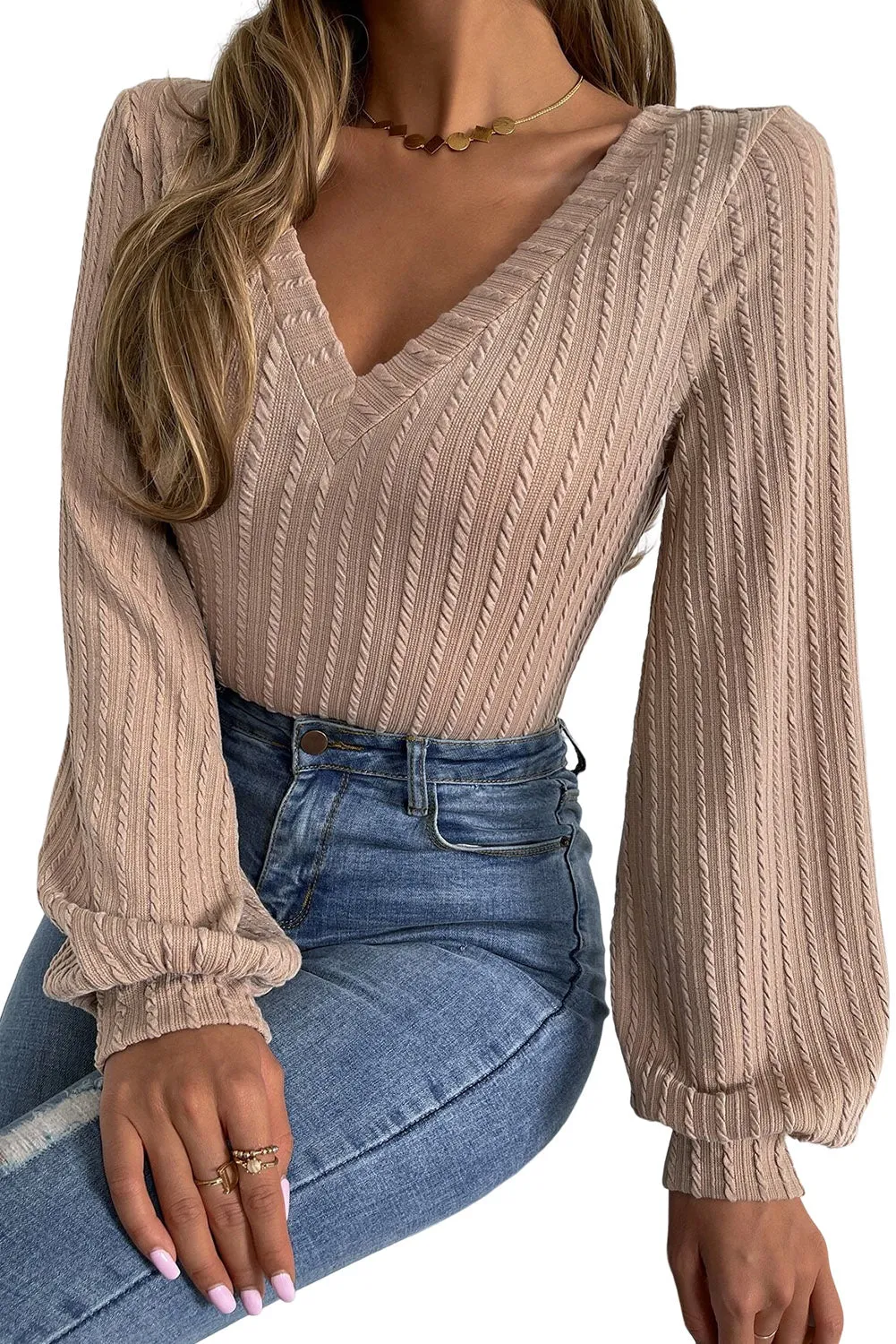 Khaki Solid Lantern Sleeve V Neck Tee