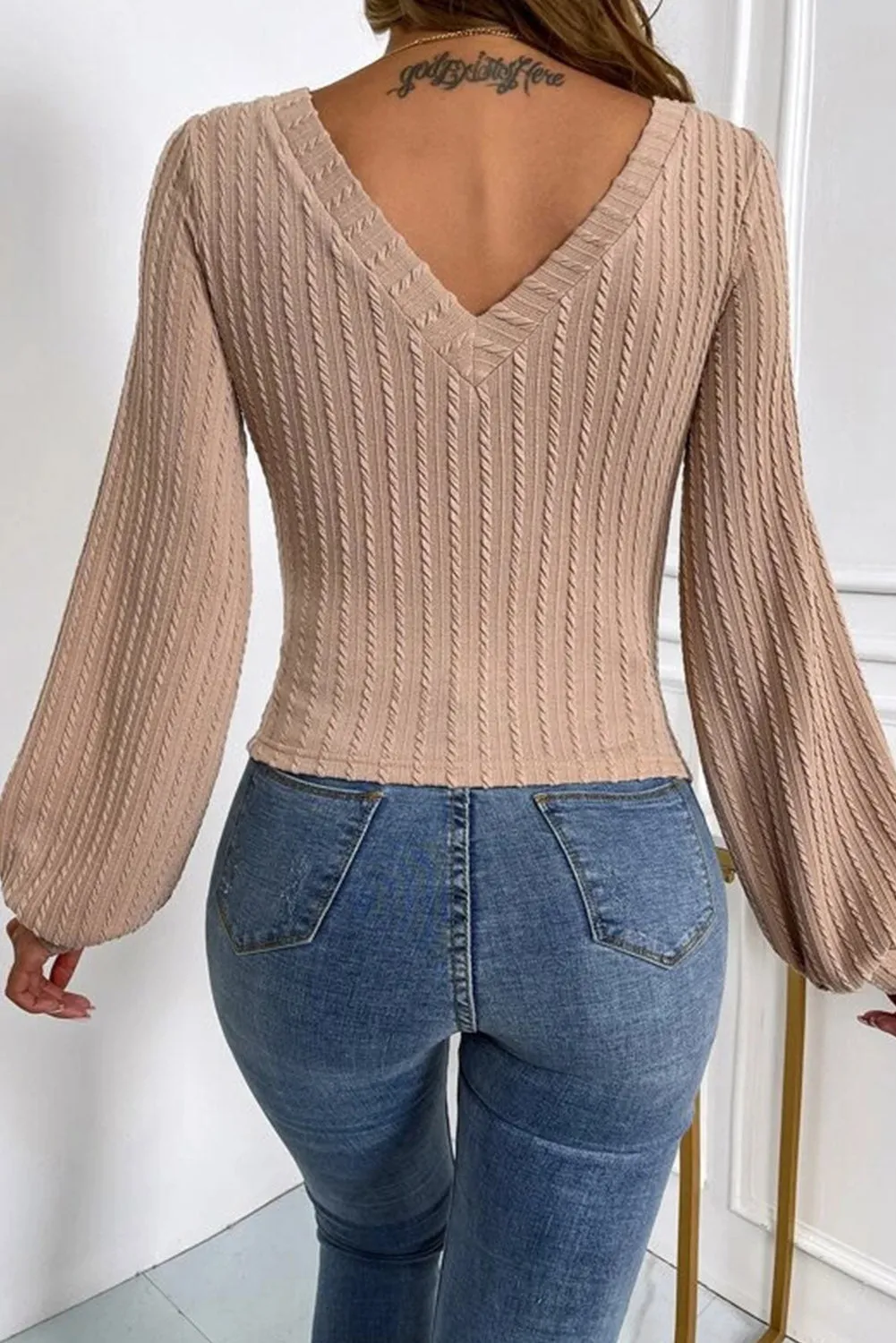 Khaki Solid Lantern Sleeve V Neck Tee