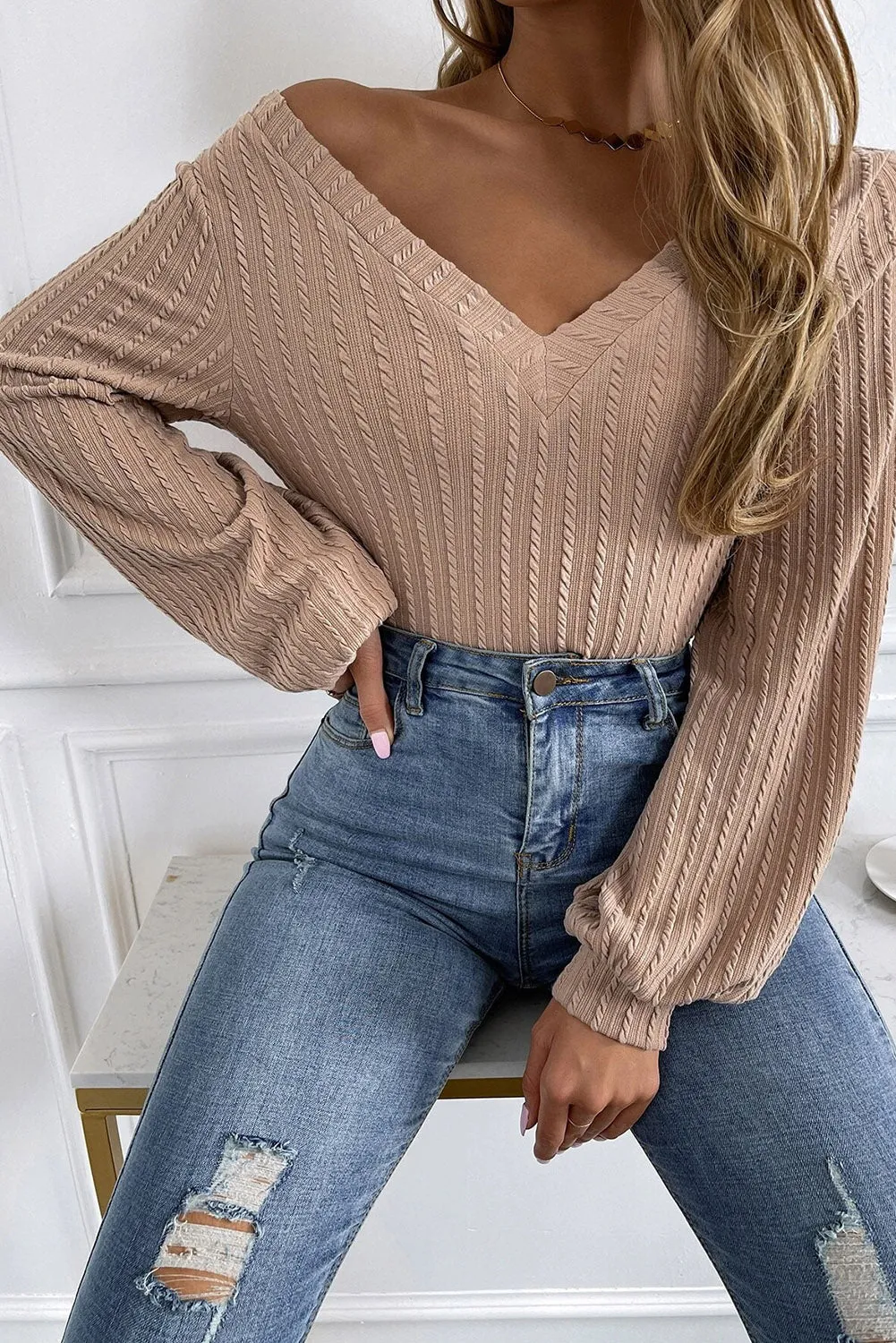 Khaki Solid Lantern Sleeve V Neck Tee