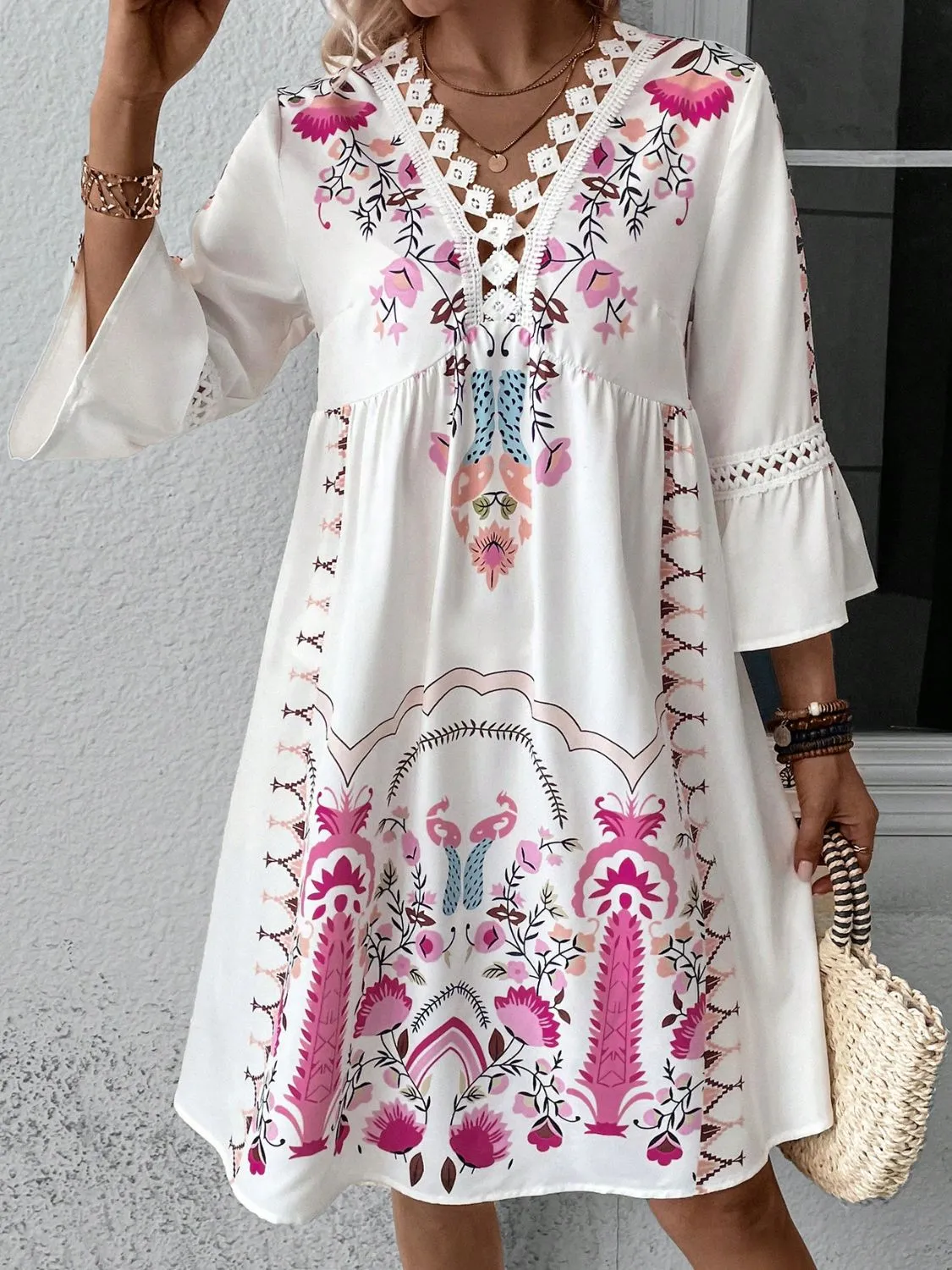 Lace Detail Printed Three-Quarter Sleeve Dress