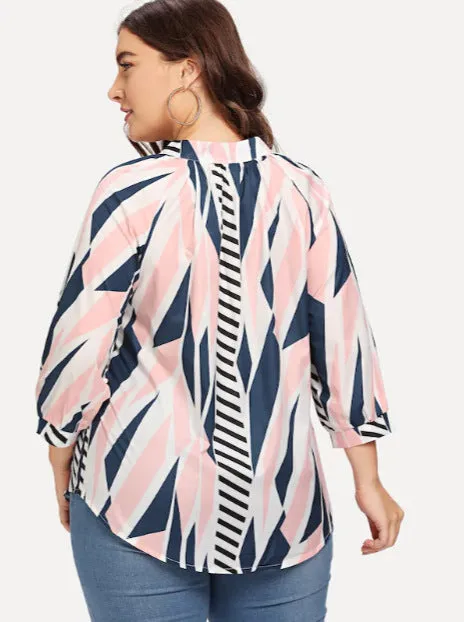Large Size Women's Digital Printing Lattice Stand Collar Shirt Fat Sister Sleeve Loose Shirt