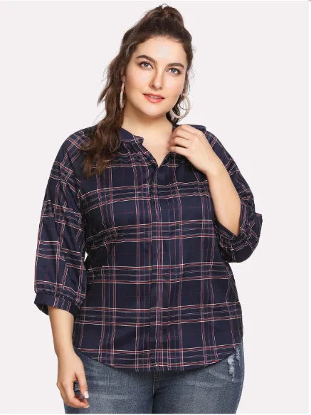 Large Size Women's Digital Printing Lattice Stand Collar Shirt Fat Sister Sleeve Loose Shirt