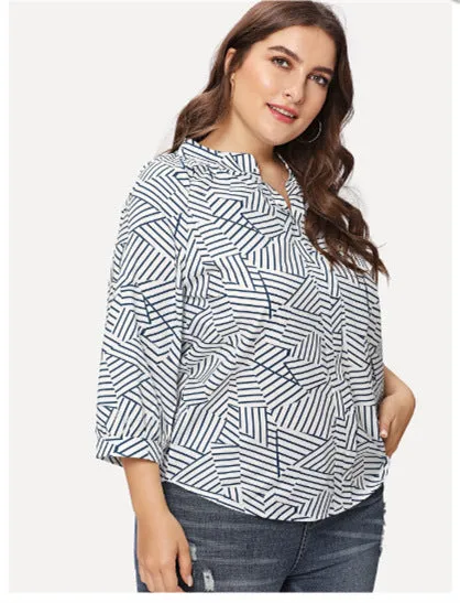 Large Size Women's Digital Printing Lattice Stand Collar Shirt Fat Sister Sleeve Loose Shirt
