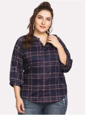 Large Size Women's Digital Printing Lattice Stand Collar Shirt Fat Sister Sleeve Loose Shirt