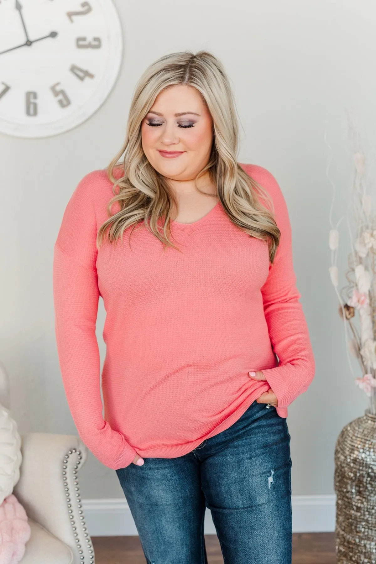 Life In Full Bloom V-Neck Knit Top- Coral
