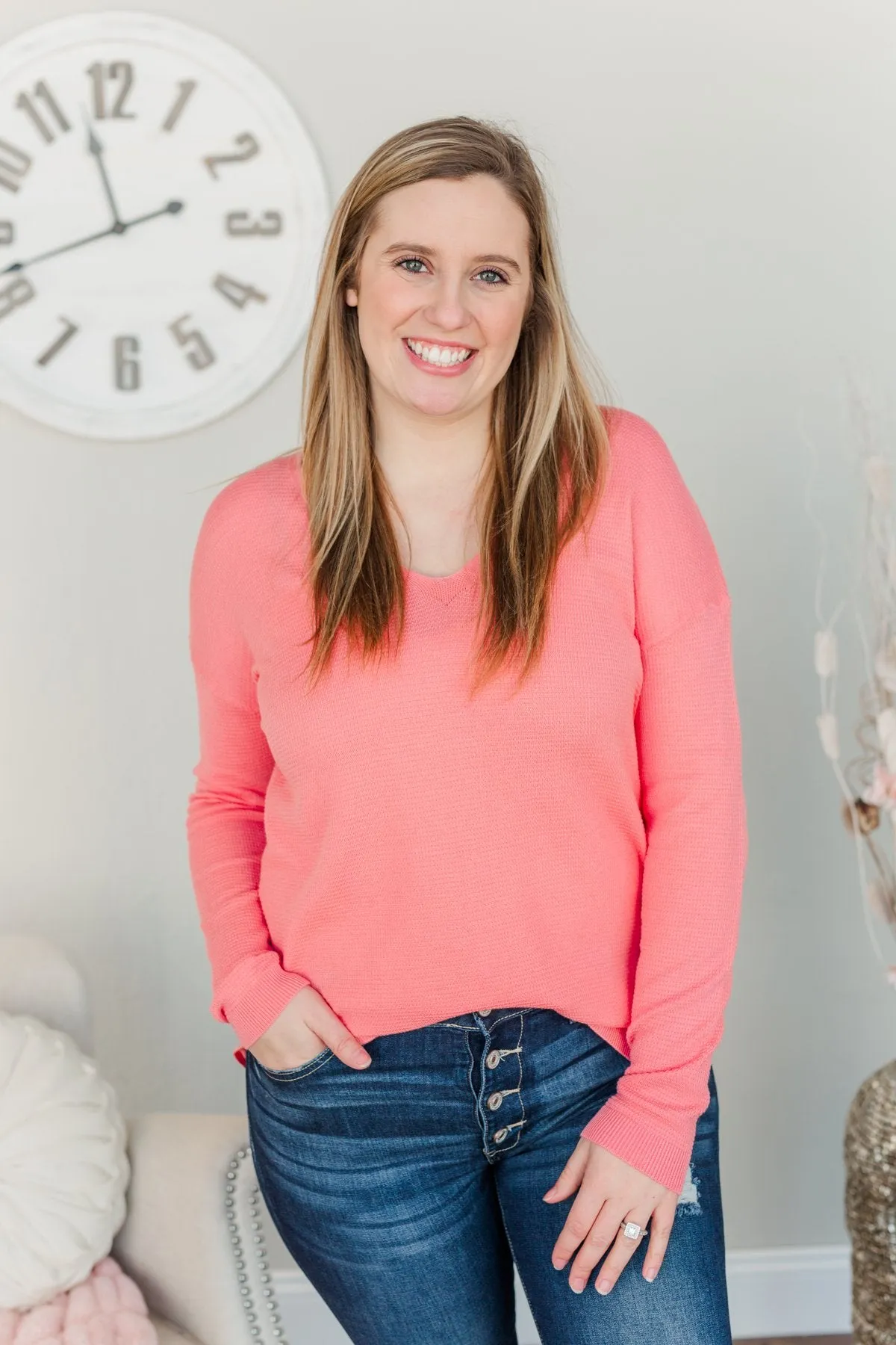 Life In Full Bloom V-Neck Knit Top- Coral