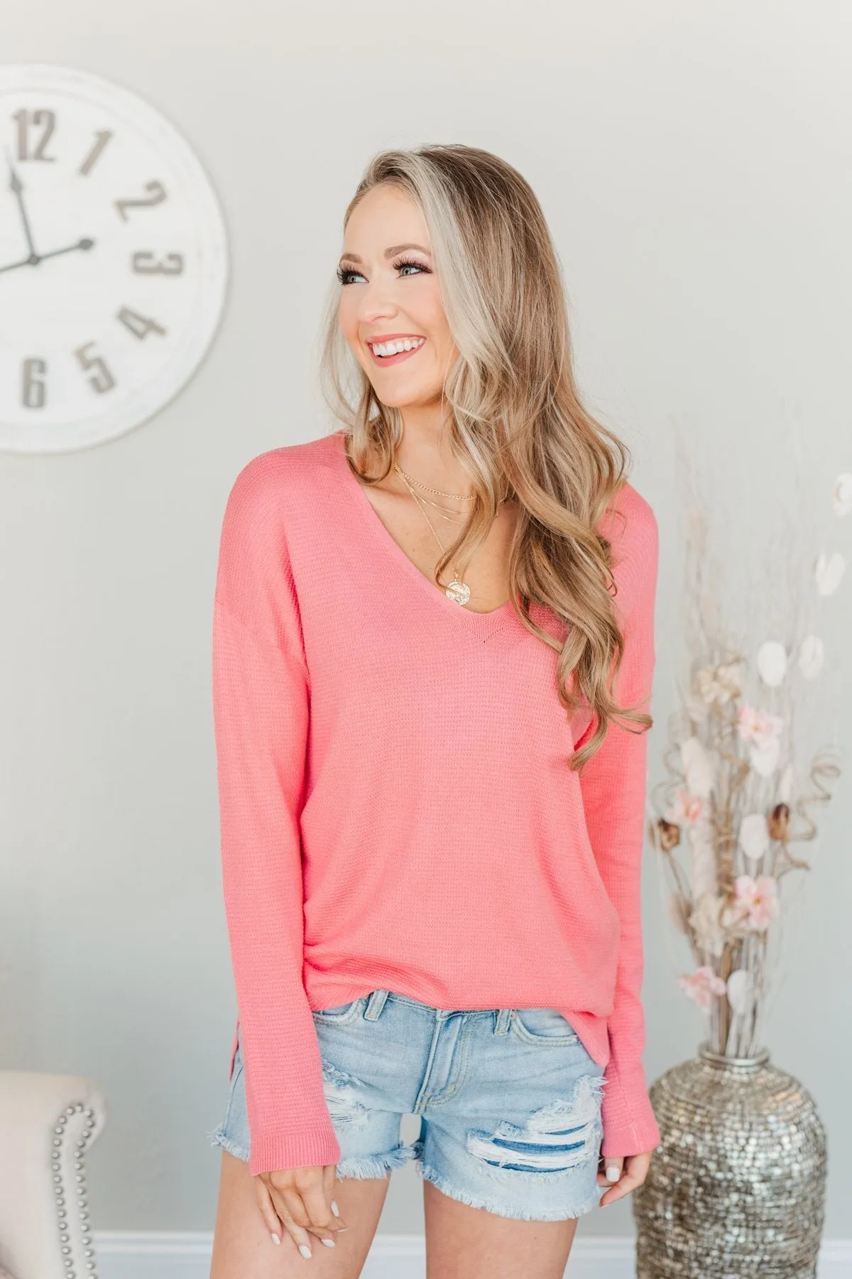 Life In Full Bloom V-Neck Knit Top- Coral