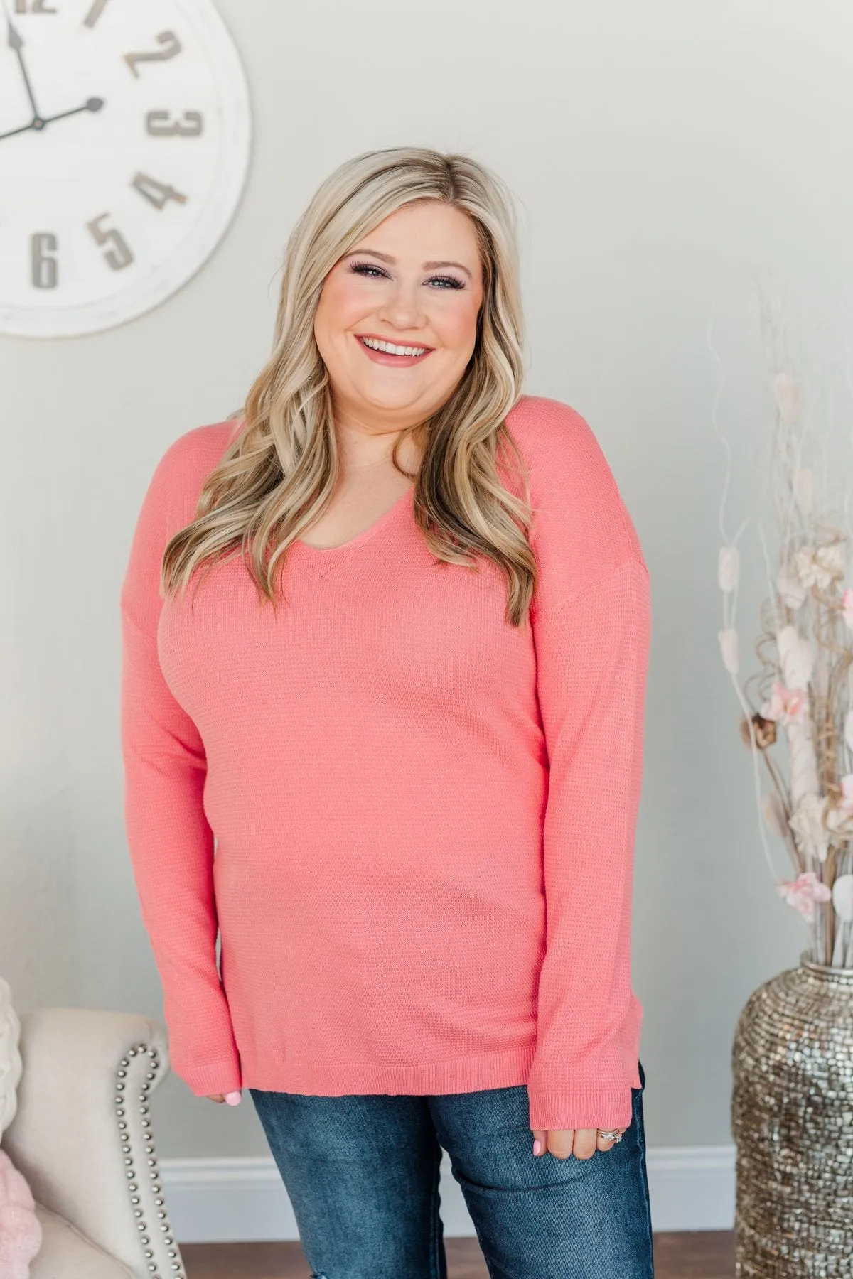 Life In Full Bloom V-Neck Knit Top- Coral