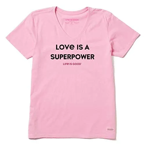 Life is Good Womens Crusher Graphic V-Neck T-Shirt, Love Happy Pink, X-Small