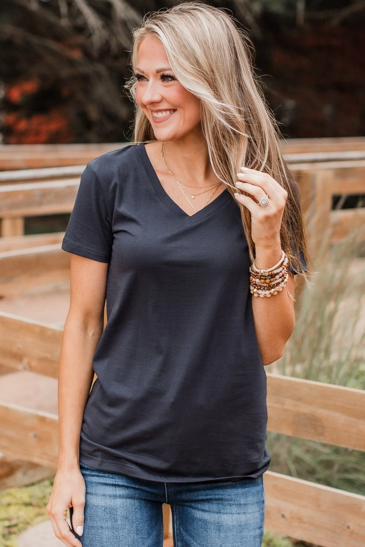 Light The Way V-Neck Top- Navy