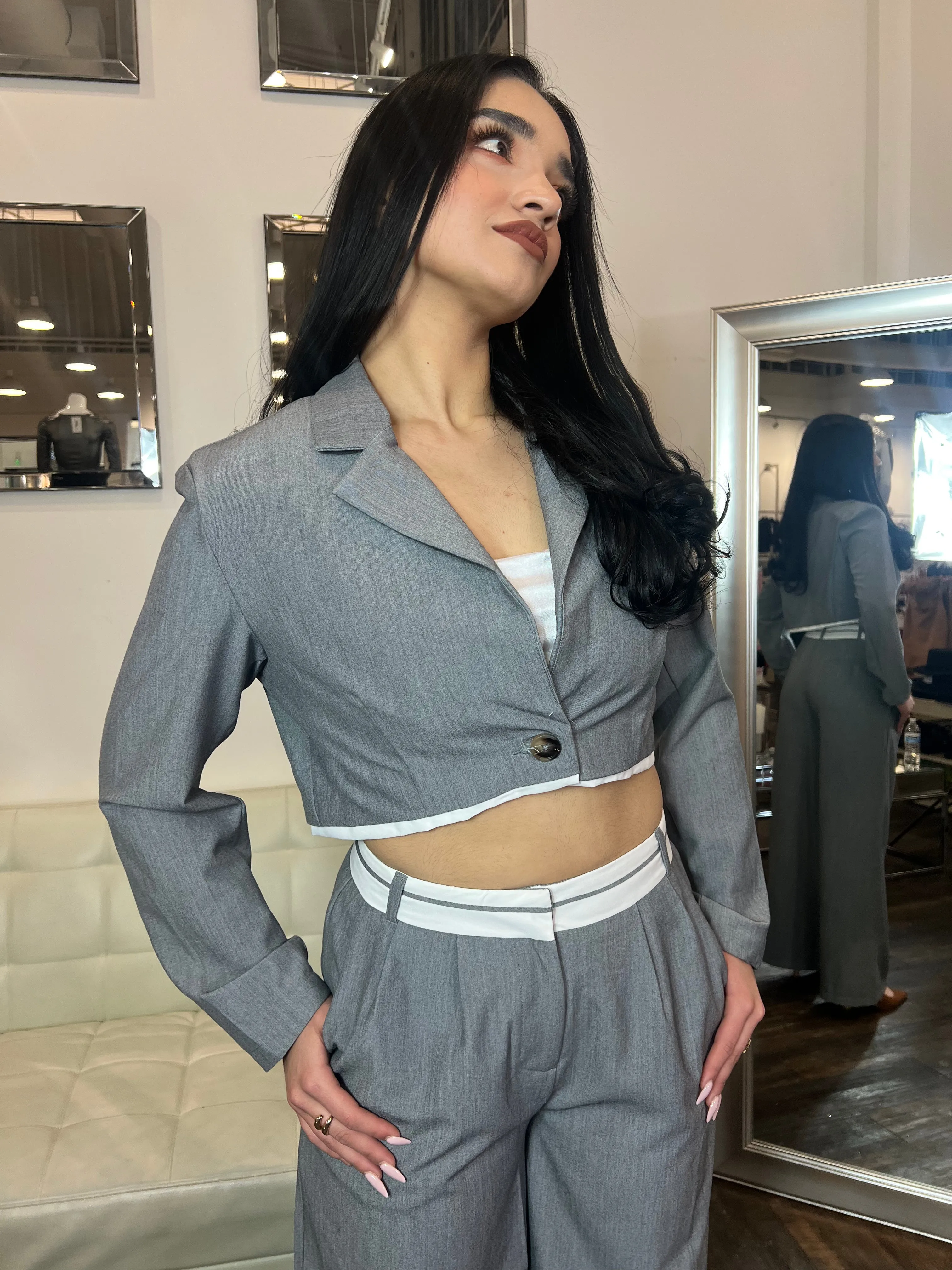 Liv Contrast Cropped Blazer- Grey
