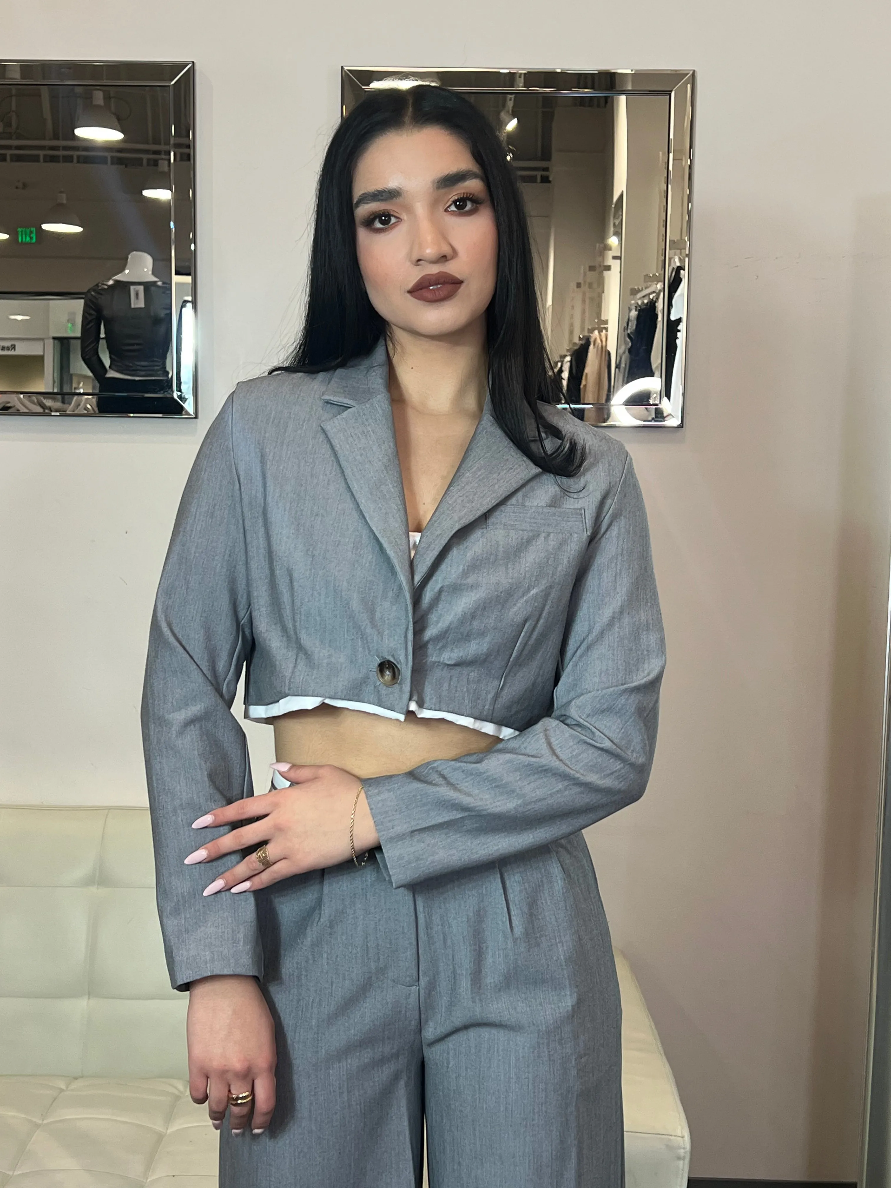 Liv Contrast Cropped Blazer- Grey
