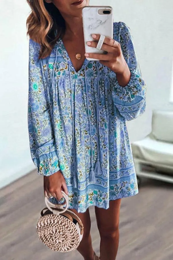 Long Sleeve Tasseled Floral Mini Dress (4 Colors)