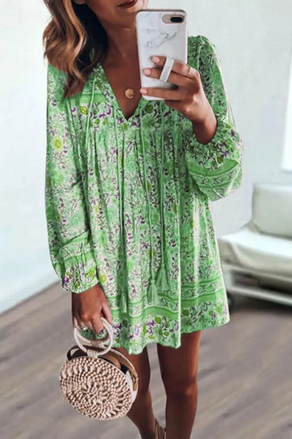 Long Sleeve Tasseled Floral Mini Dress (4 Colors)