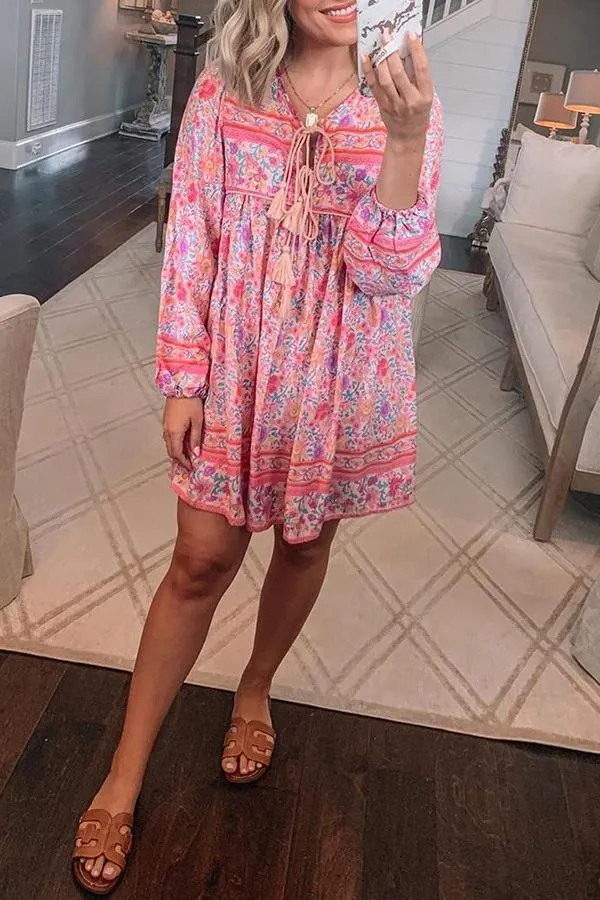 Long Sleeve Tasseled Floral Mini Dress (4 Colors)
