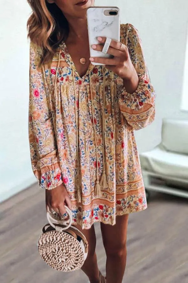 Long Sleeve Tasseled Floral Mini Dress (4 Colors)