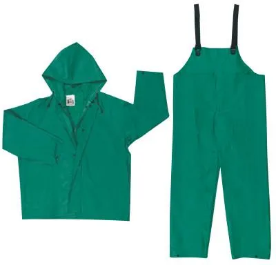 MCR Safety Two-Piece Rain Suit, Jacket w/Hood, Bib Pants, 0.42 mm PVC/Poly, Green, Small, 3882S