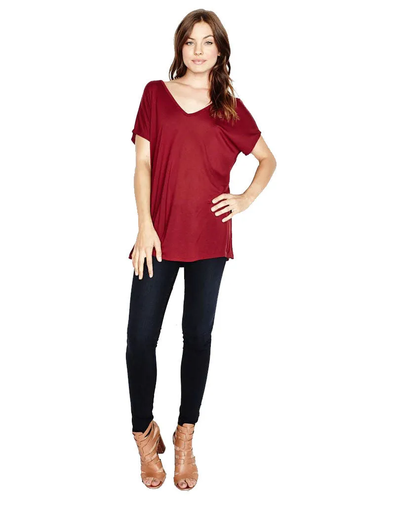 Michael Lauren Dov Oversized Double V-Neck Tee in Rouge