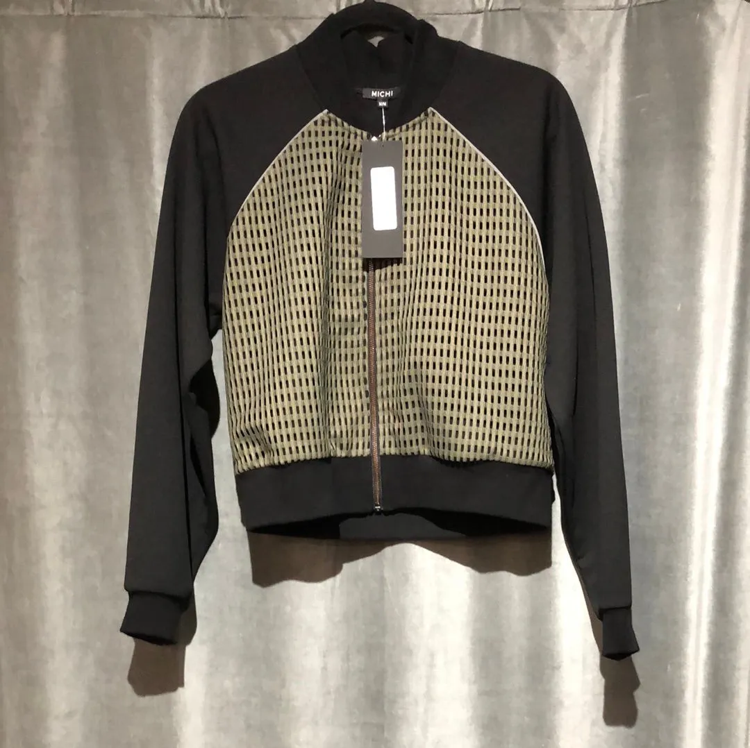 MICHI Black and Green Perforated Cropped Zip Top