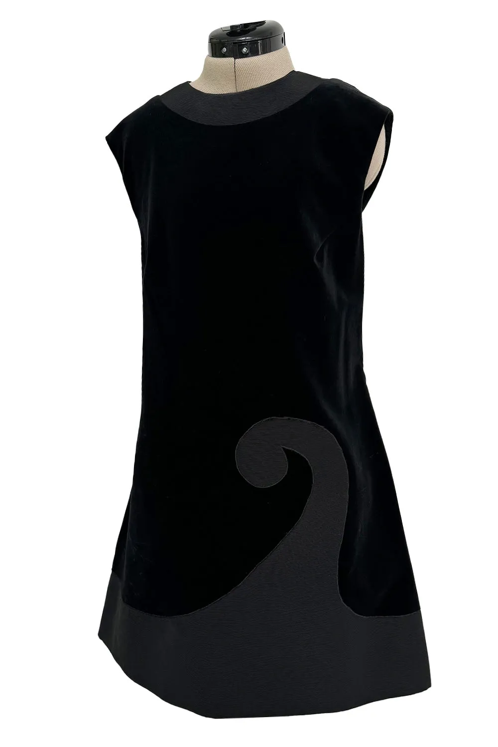 Minimalist 1960s Pierre Cardin Black Cotton Velvet Mod Shift Dress w Grosgrain Detailing