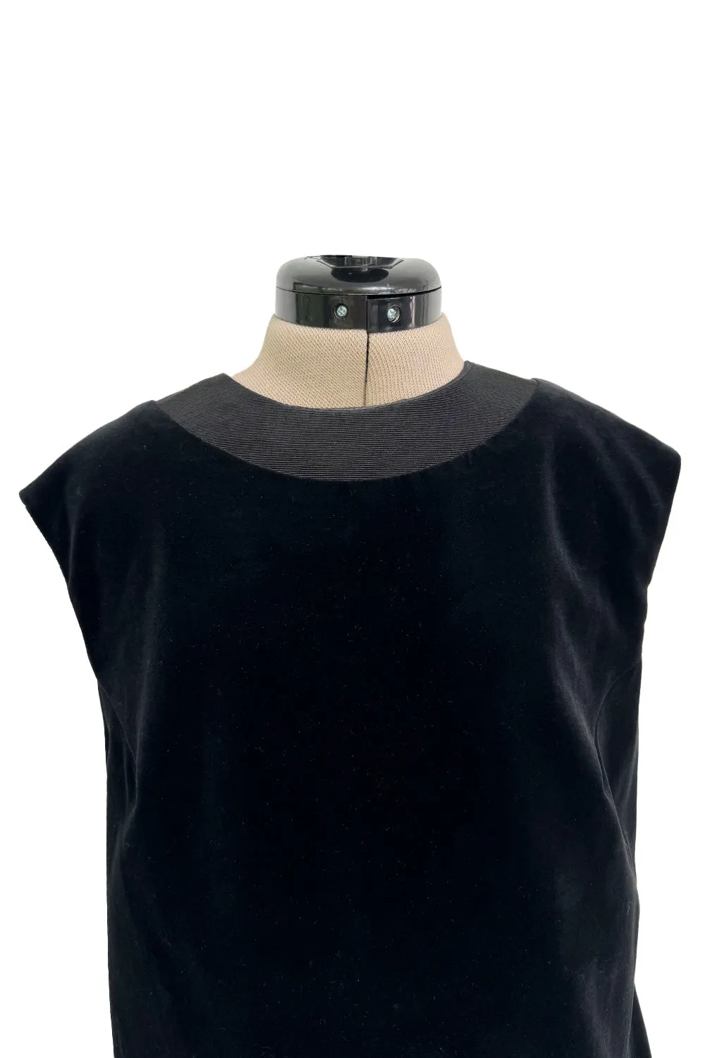 Minimalist 1960s Pierre Cardin Black Cotton Velvet Mod Shift Dress w Grosgrain Detailing