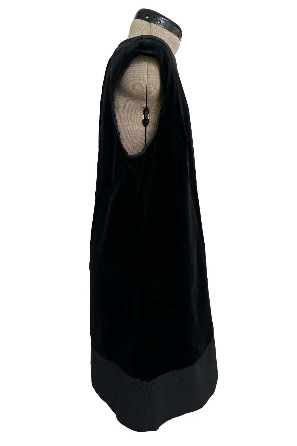 Minimalist 1960s Pierre Cardin Black Cotton Velvet Mod Shift Dress w Grosgrain Detailing