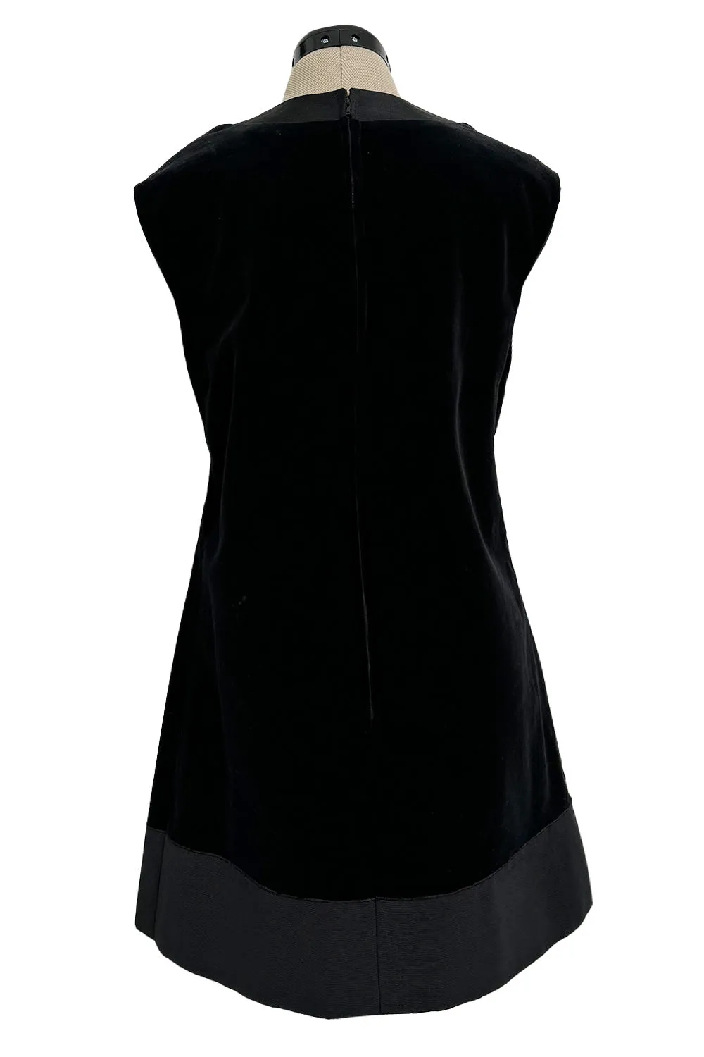 Minimalist 1960s Pierre Cardin Black Cotton Velvet Mod Shift Dress w Grosgrain Detailing