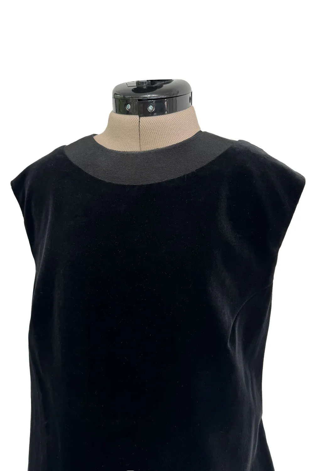 Minimalist 1960s Pierre Cardin Black Cotton Velvet Mod Shift Dress w Grosgrain Detailing