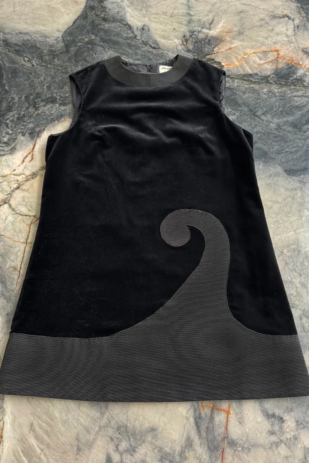 Minimalist 1960s Pierre Cardin Black Cotton Velvet Mod Shift Dress w Grosgrain Detailing