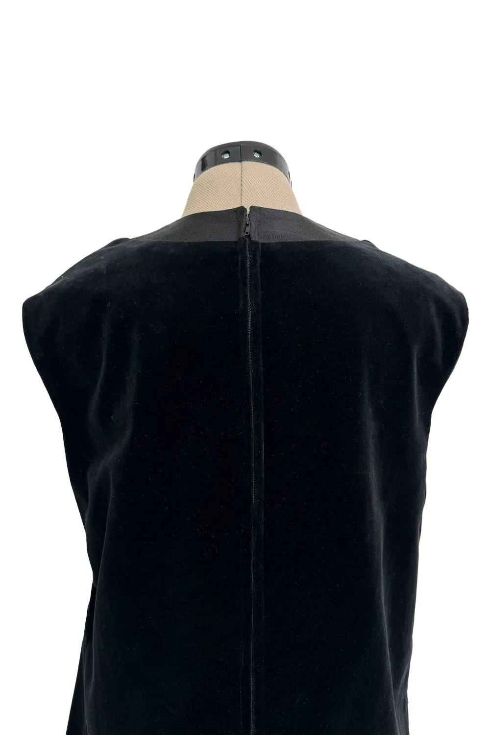 Minimalist 1960s Pierre Cardin Black Cotton Velvet Mod Shift Dress w Grosgrain Detailing