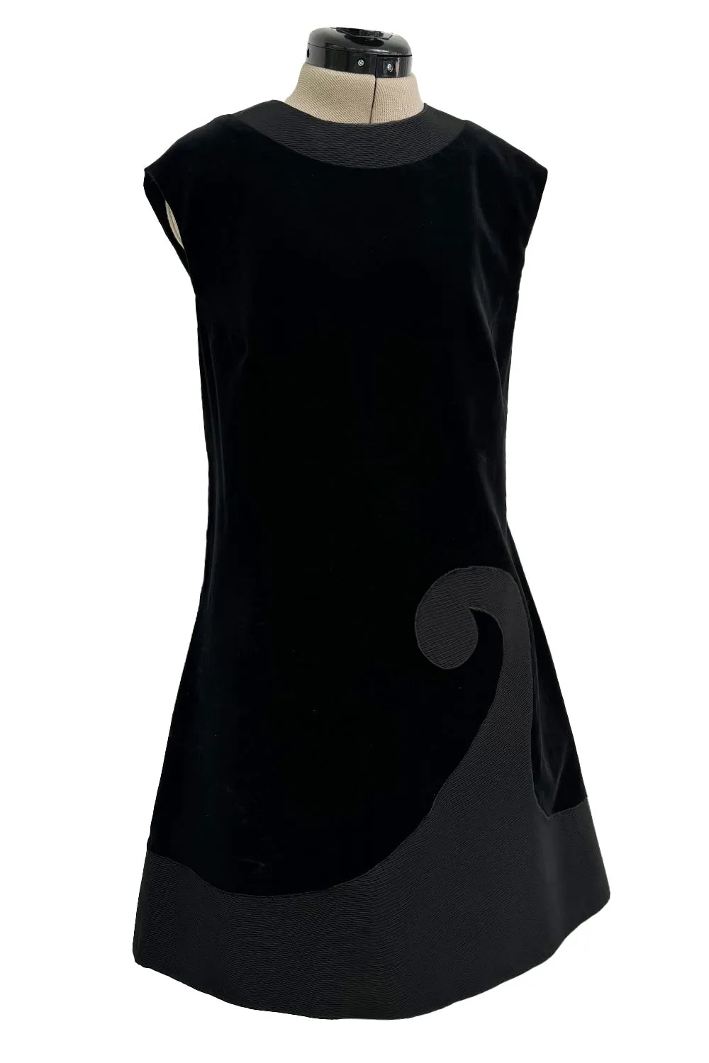 Minimalist 1960s Pierre Cardin Black Cotton Velvet Mod Shift Dress w Grosgrain Detailing