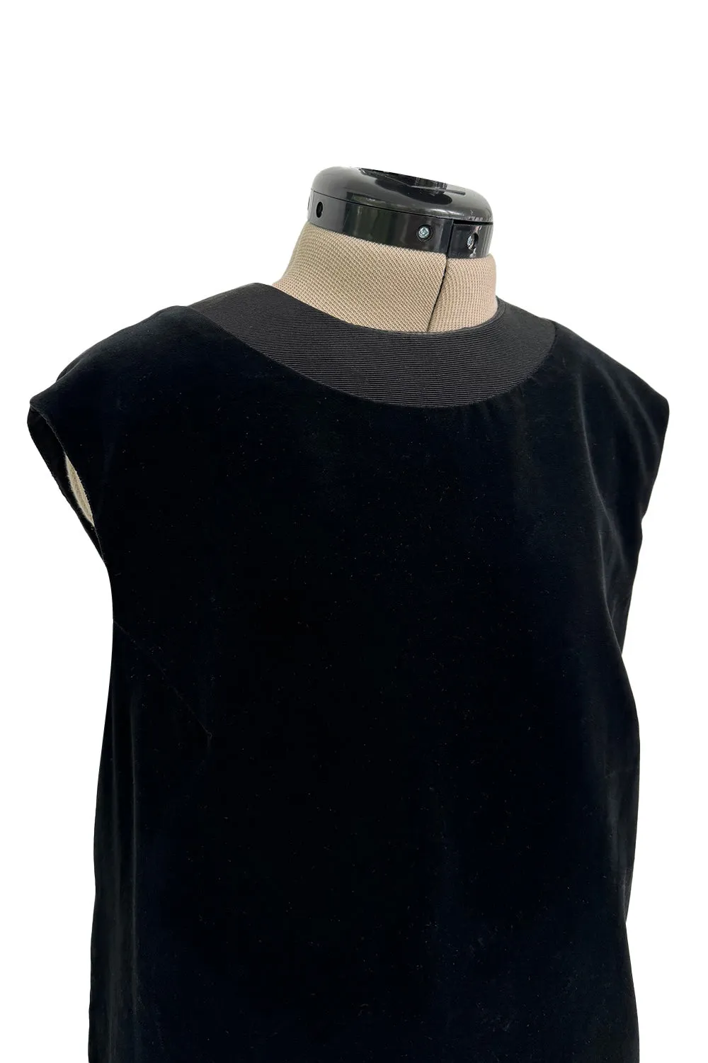 Minimalist 1960s Pierre Cardin Black Cotton Velvet Mod Shift Dress w Grosgrain Detailing