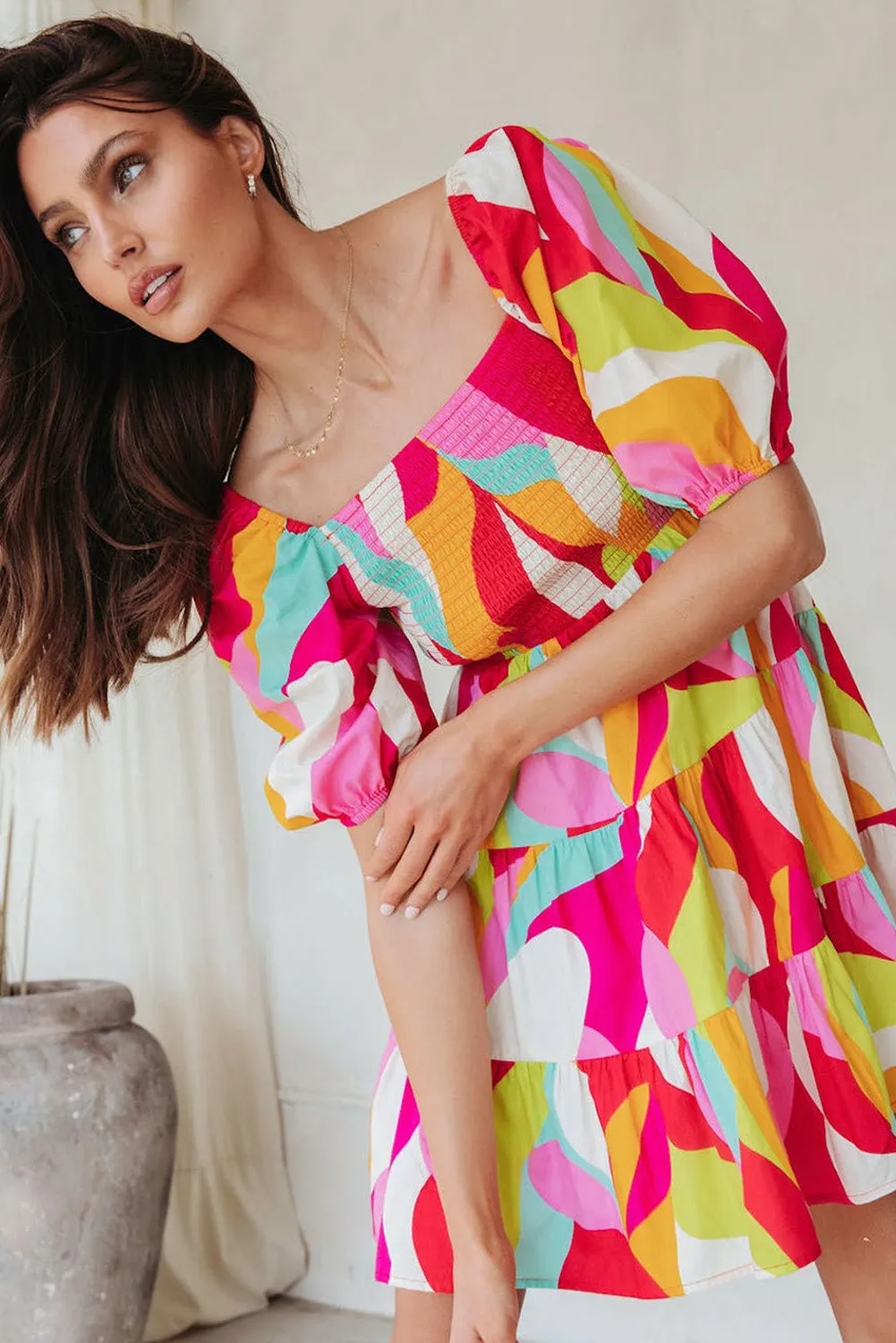 Multicolor Geometric Print Smocked Babydoll Mini Dress