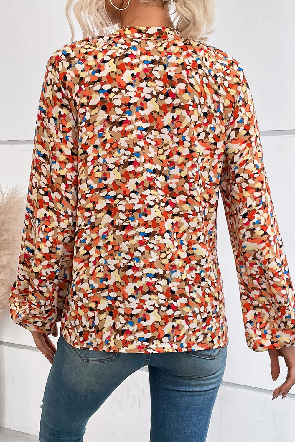 Multicolor Printed Split V Neck Bishop Sleeve Blouse
