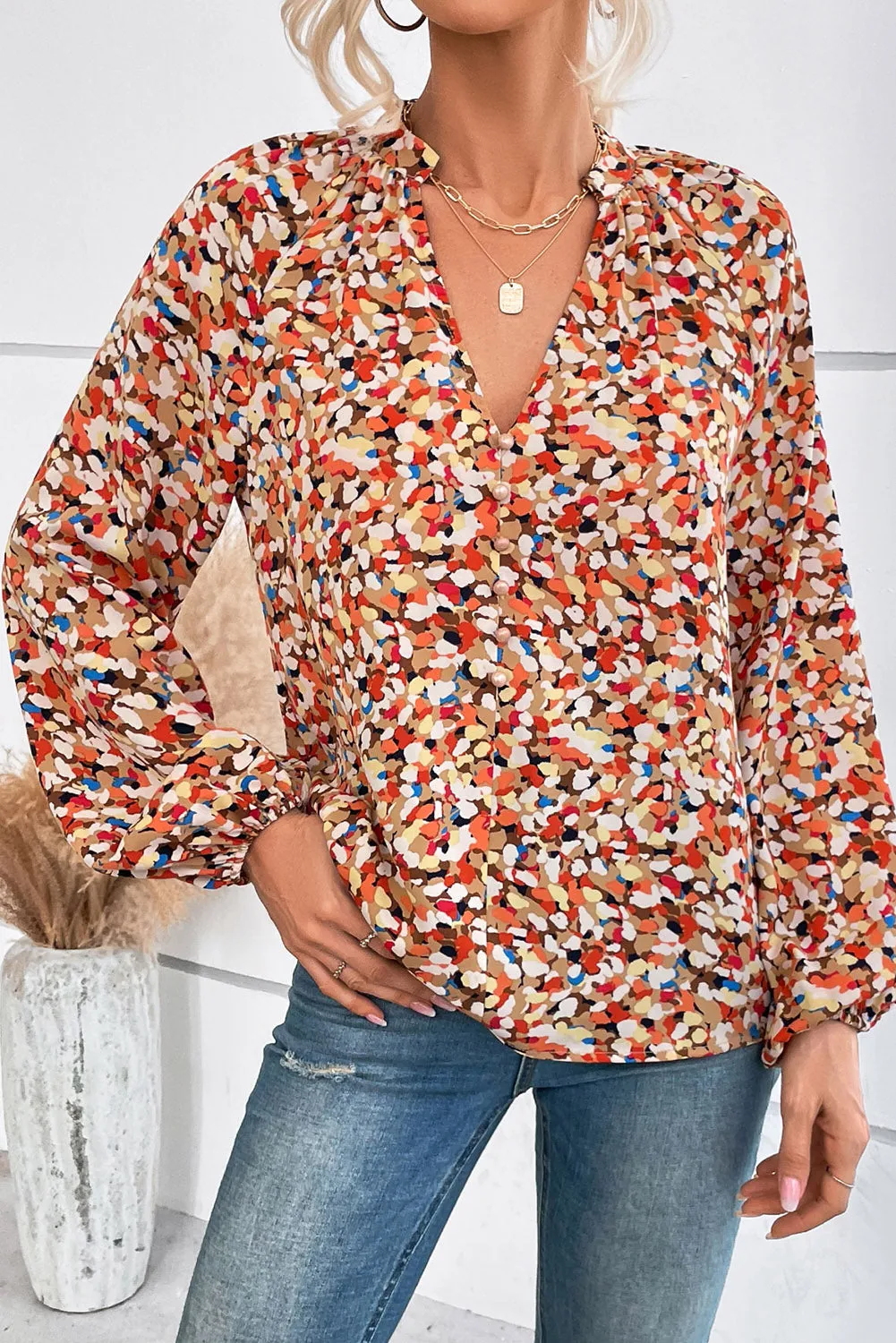 Multicolor Printed Split V Neck Bishop Sleeve Blouse