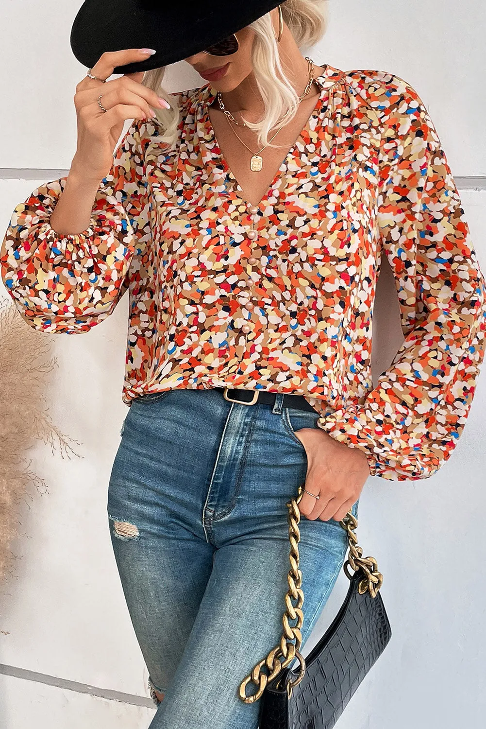 Multicolor Printed Split V Neck Bishop Sleeve Blouse