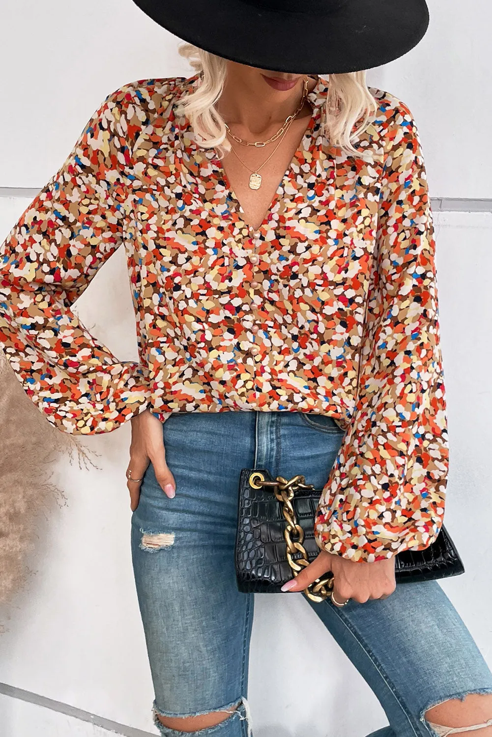 Multicolor Printed Split V Neck Bishop Sleeve Blouse