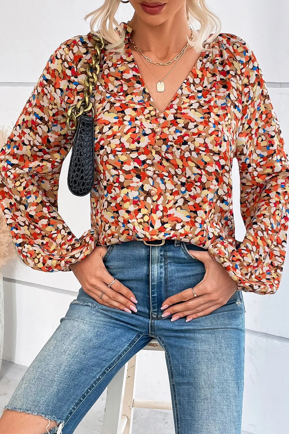 Multicolor Printed Split V Neck Bishop Sleeve Blouse