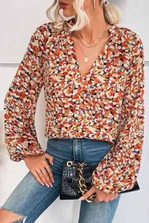 Multicolor Printed Split V Neck Bishop Sleeve Blouse