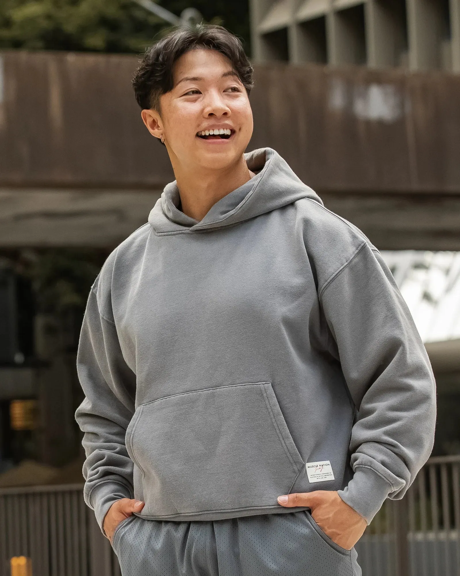Muscle Nation | Lee Lem Cropped Hoodie - Washed Platinum Grey