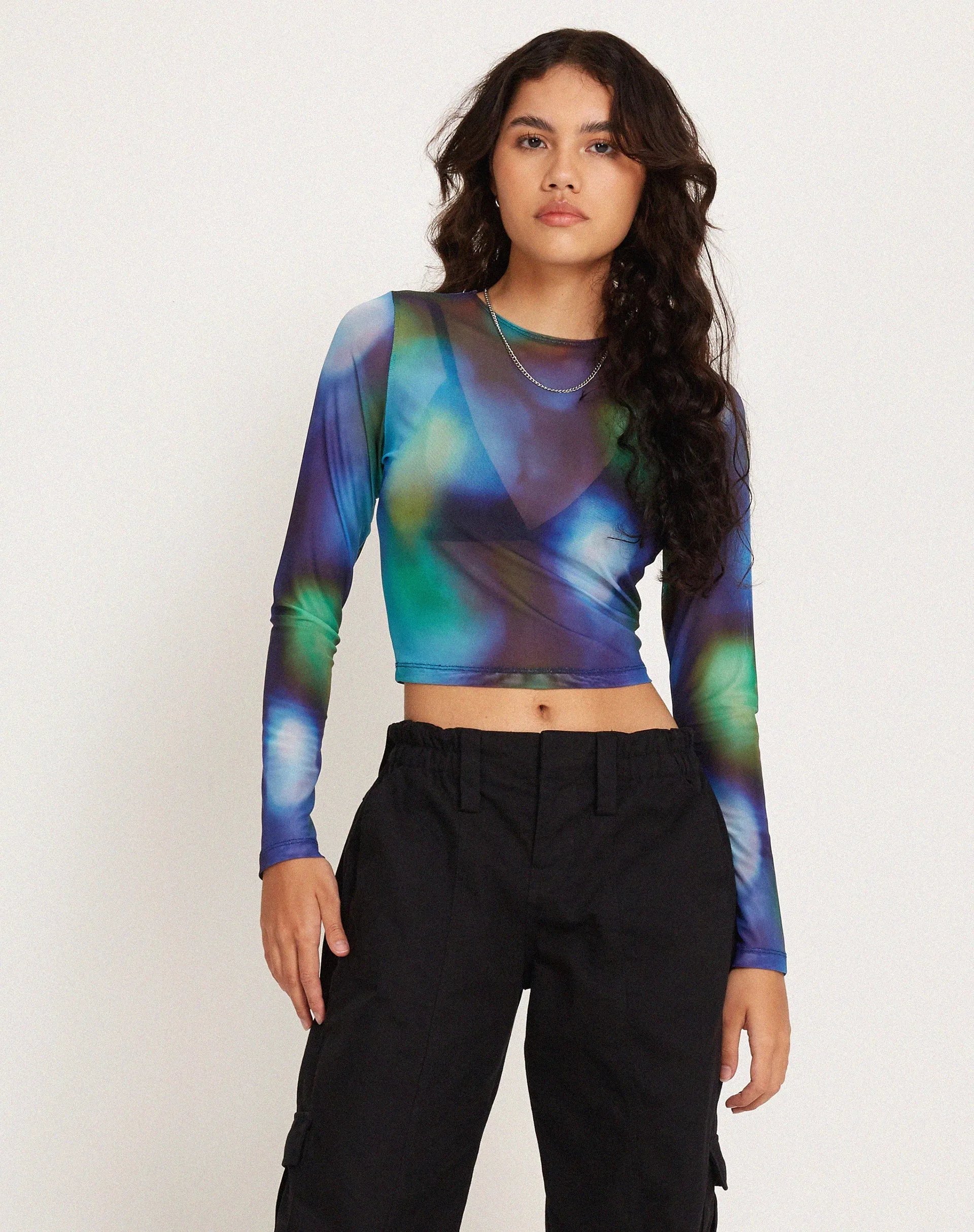 Narita Long Sleeve Crop Top in Mesh Blur Orbs