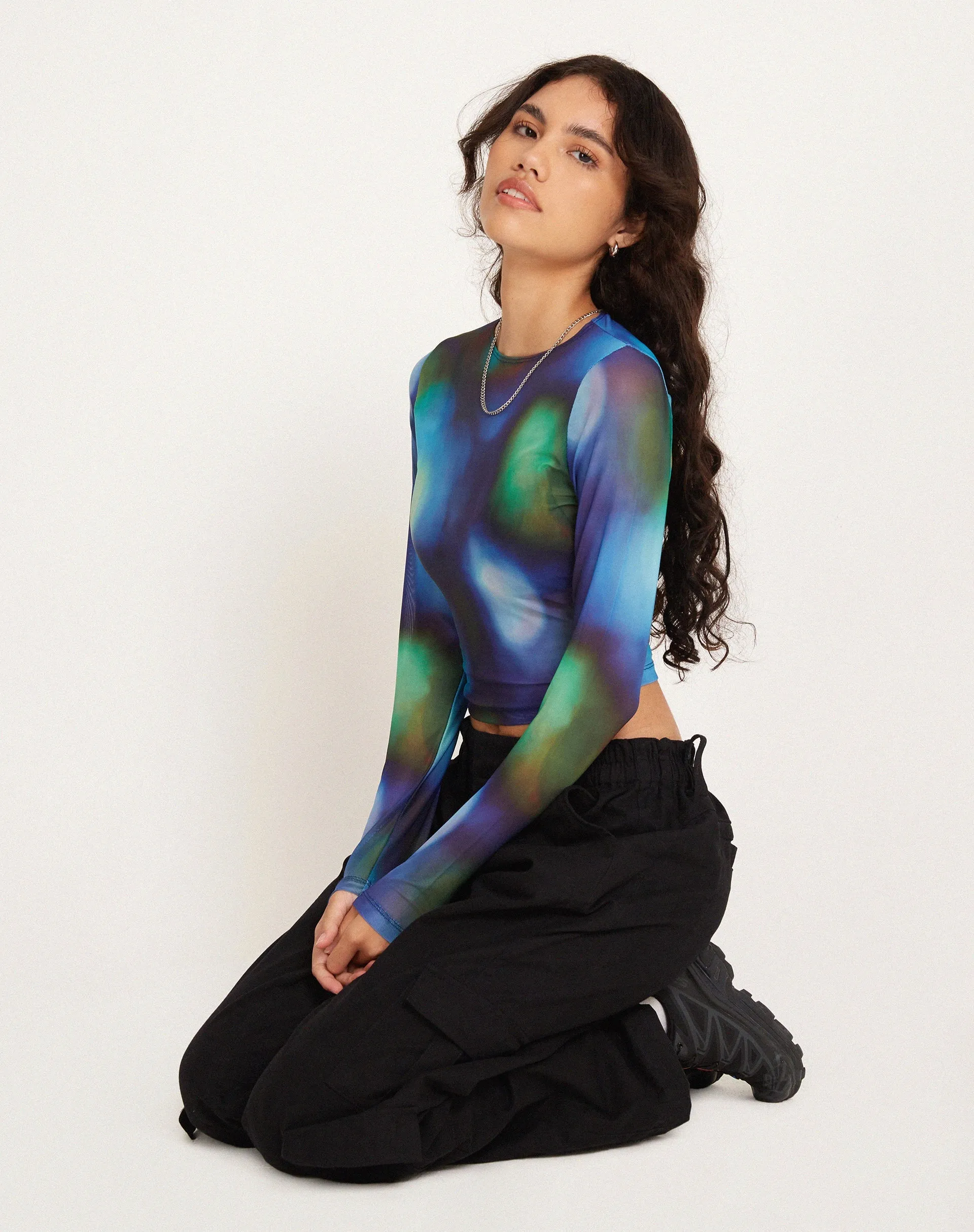 Narita Long Sleeve Crop Top in Mesh Blur Orbs