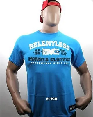 NEW Mens Graphic T MONSTA Bodybuilding Wear RELENTLESS BLUE TShirt Gym Clothing