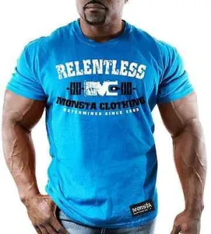 NEW Mens Graphic T MONSTA Bodybuilding Wear RELENTLESS BLUE TShirt Gym Clothing