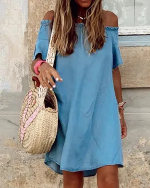 Off Shoulder Flared Sleeve Ruffled Denim Mini Dresses