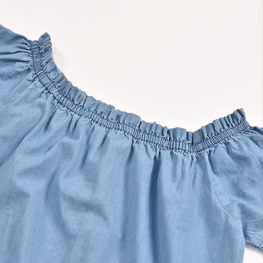 Off Shoulder Flared Sleeve Ruffled Denim Mini Dresses