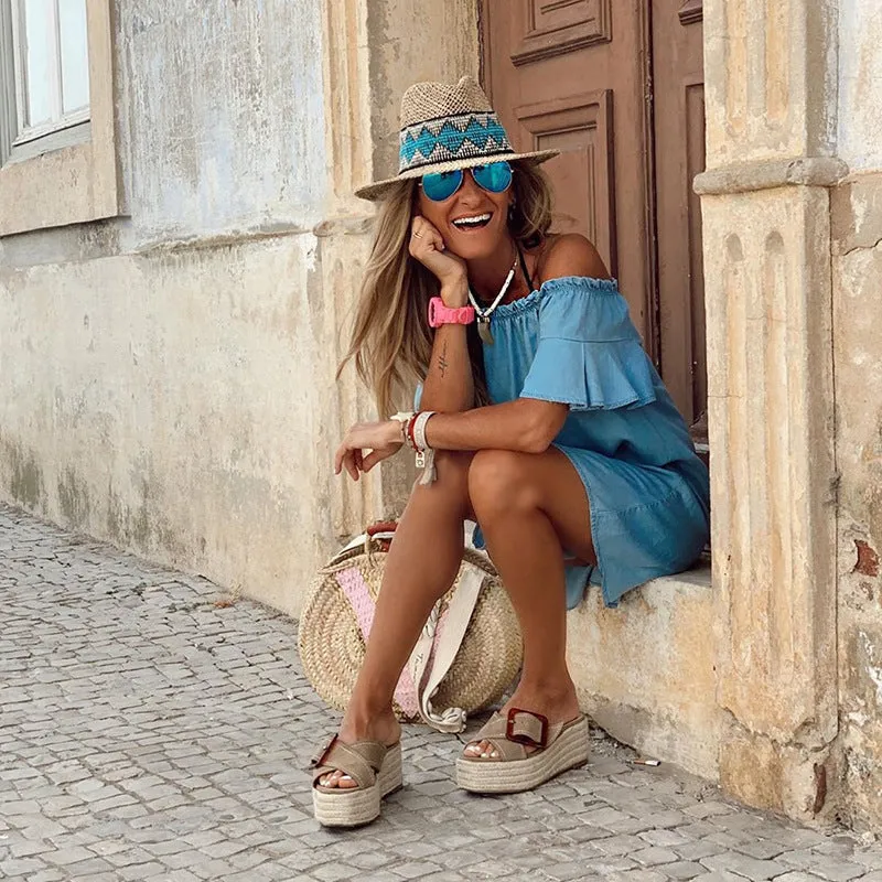 Off Shoulder Flared Sleeve Ruffled Denim Mini Dresses