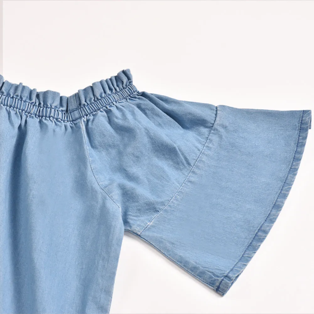 Off Shoulder Flared Sleeve Ruffled Denim Mini Dresses