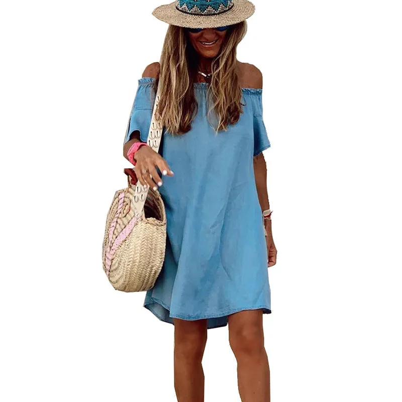Off Shoulder Flared Sleeve Ruffled Denim Mini Dresses